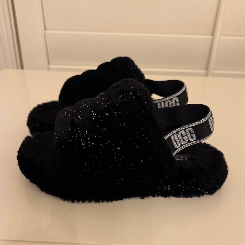 UGG Kids Black Sparkle Fuzzy Slides